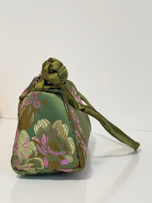 The Taylor - pink + green satin brocade baguette style purse