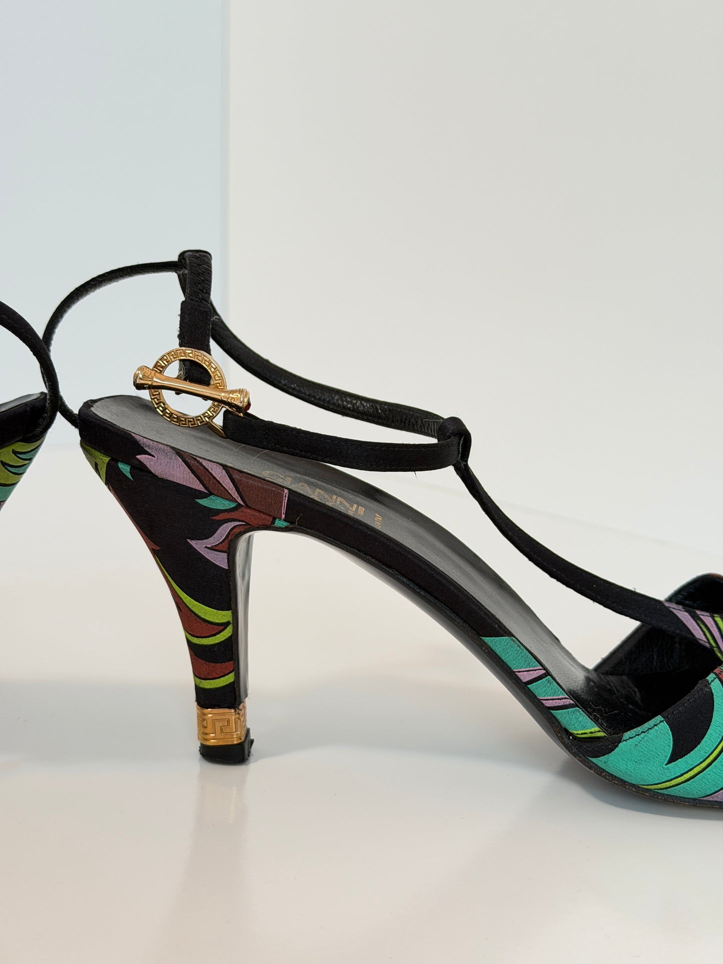 Gianni Versace satin printed T-bar sandals - size 9