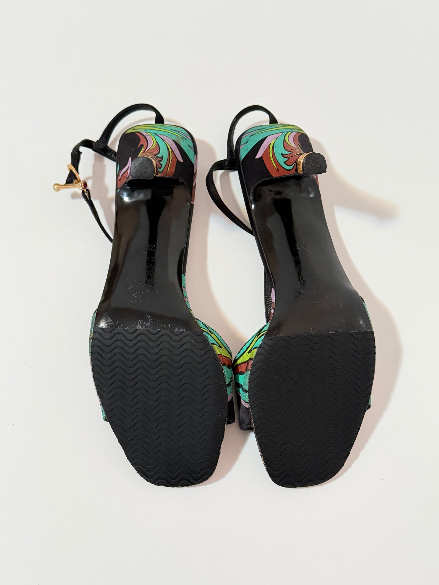 Gianni Versace satin printed T-bar sandals - size 9