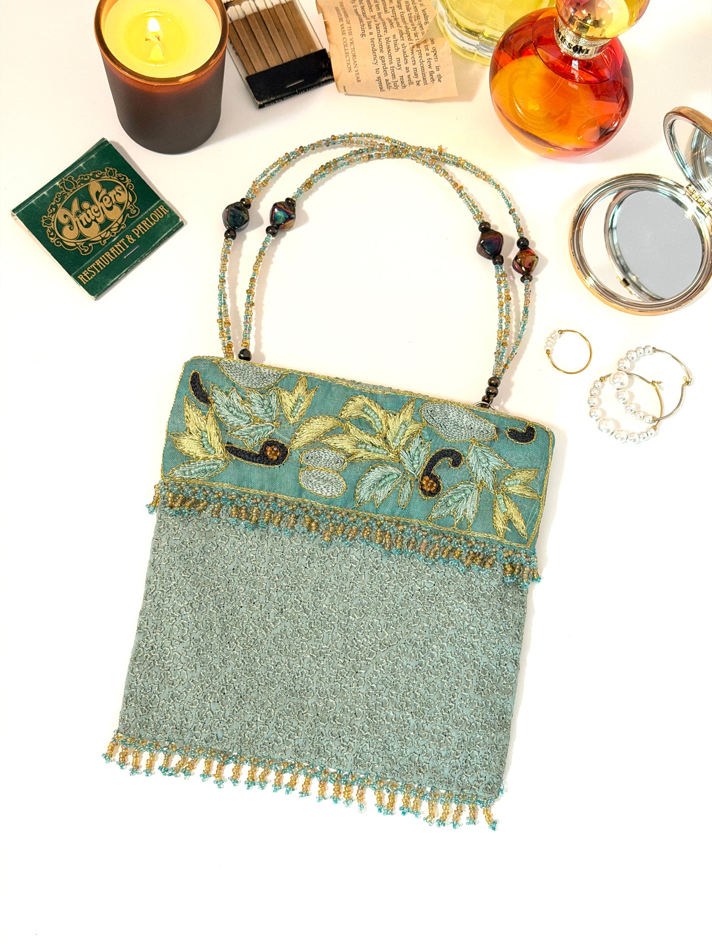 Soft green evening bag - beaded + embroidery