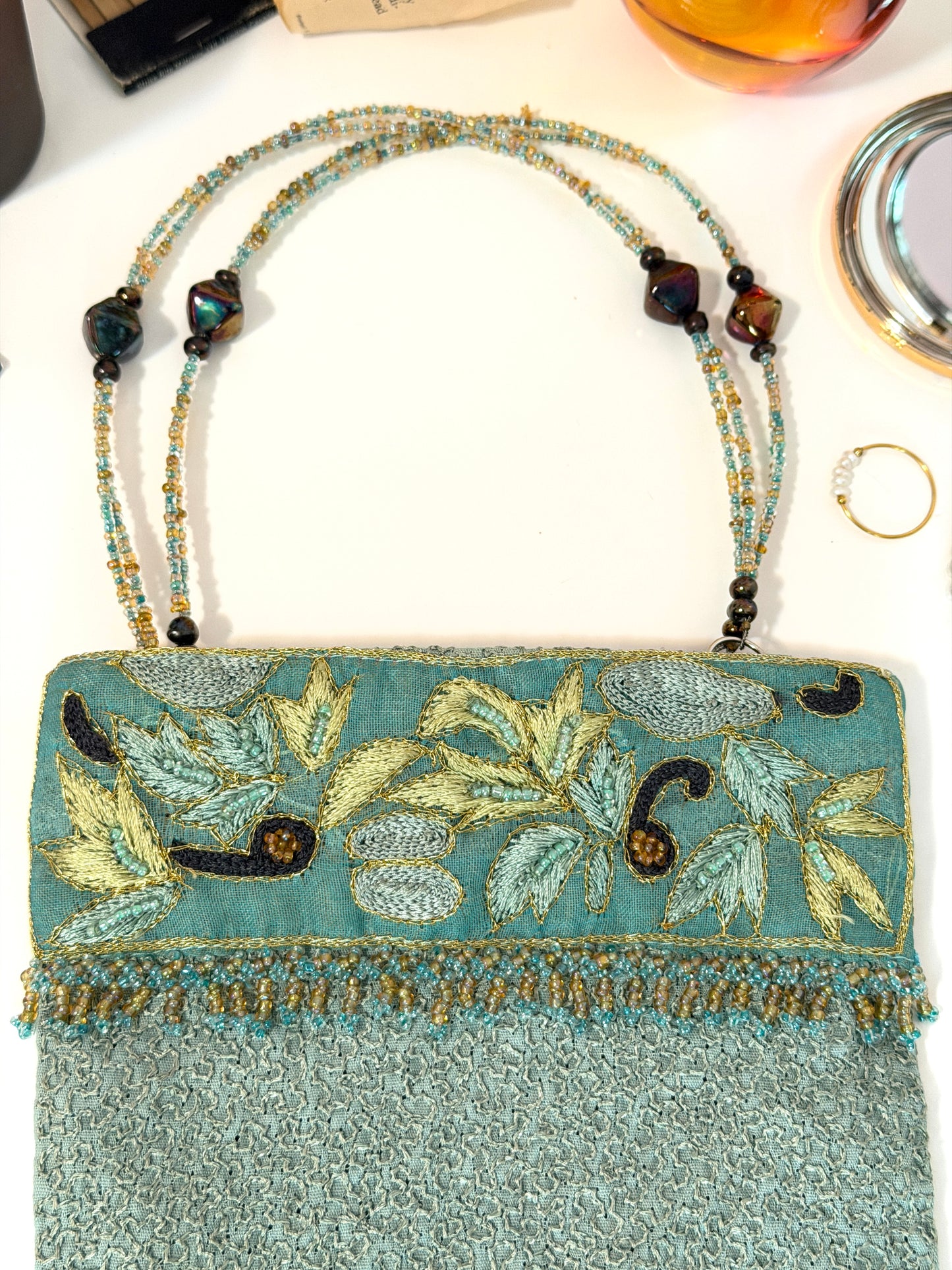 Soft green evening bag - beaded + embroidery