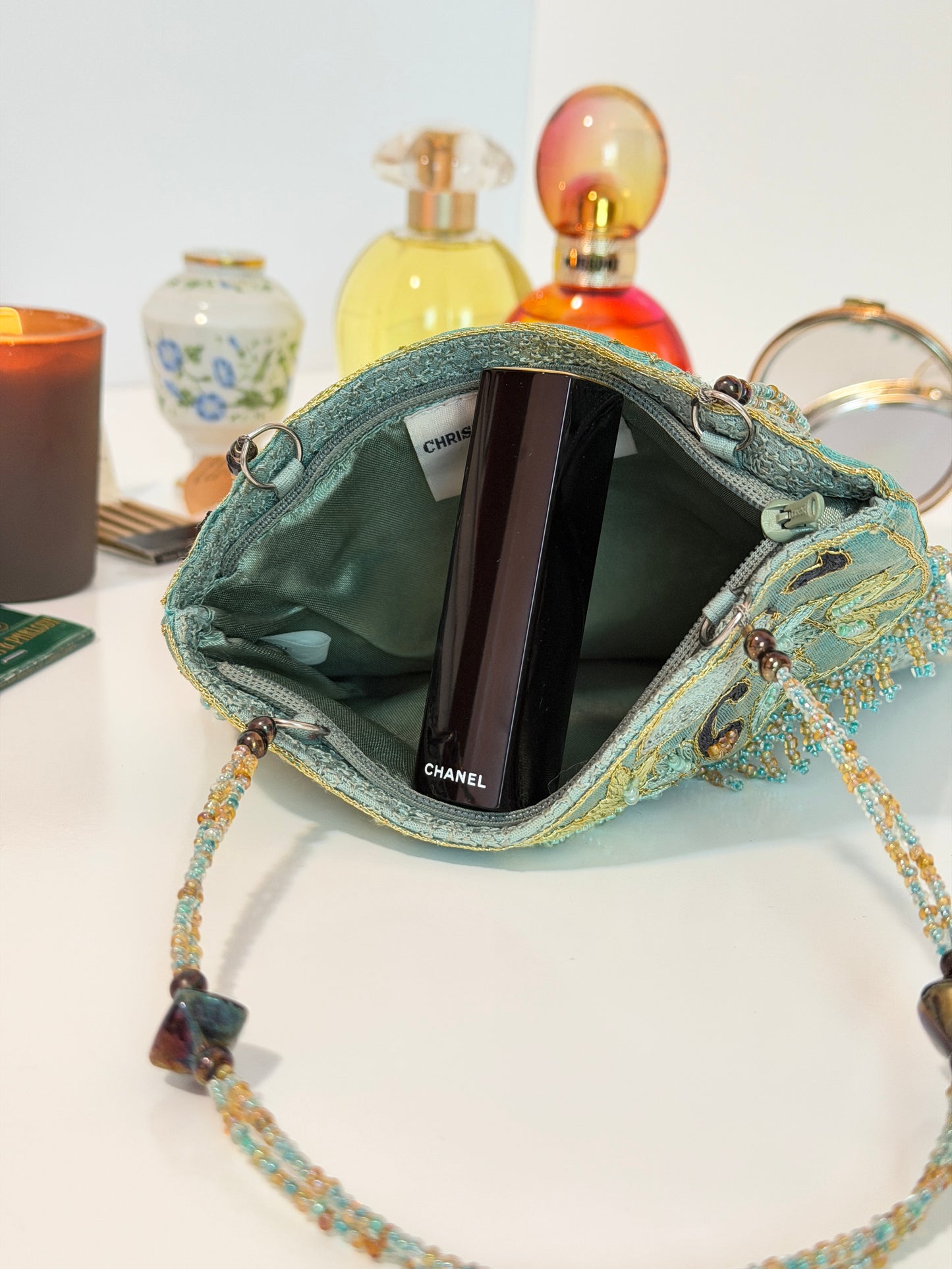 Soft green evening bag - beaded + embroidery