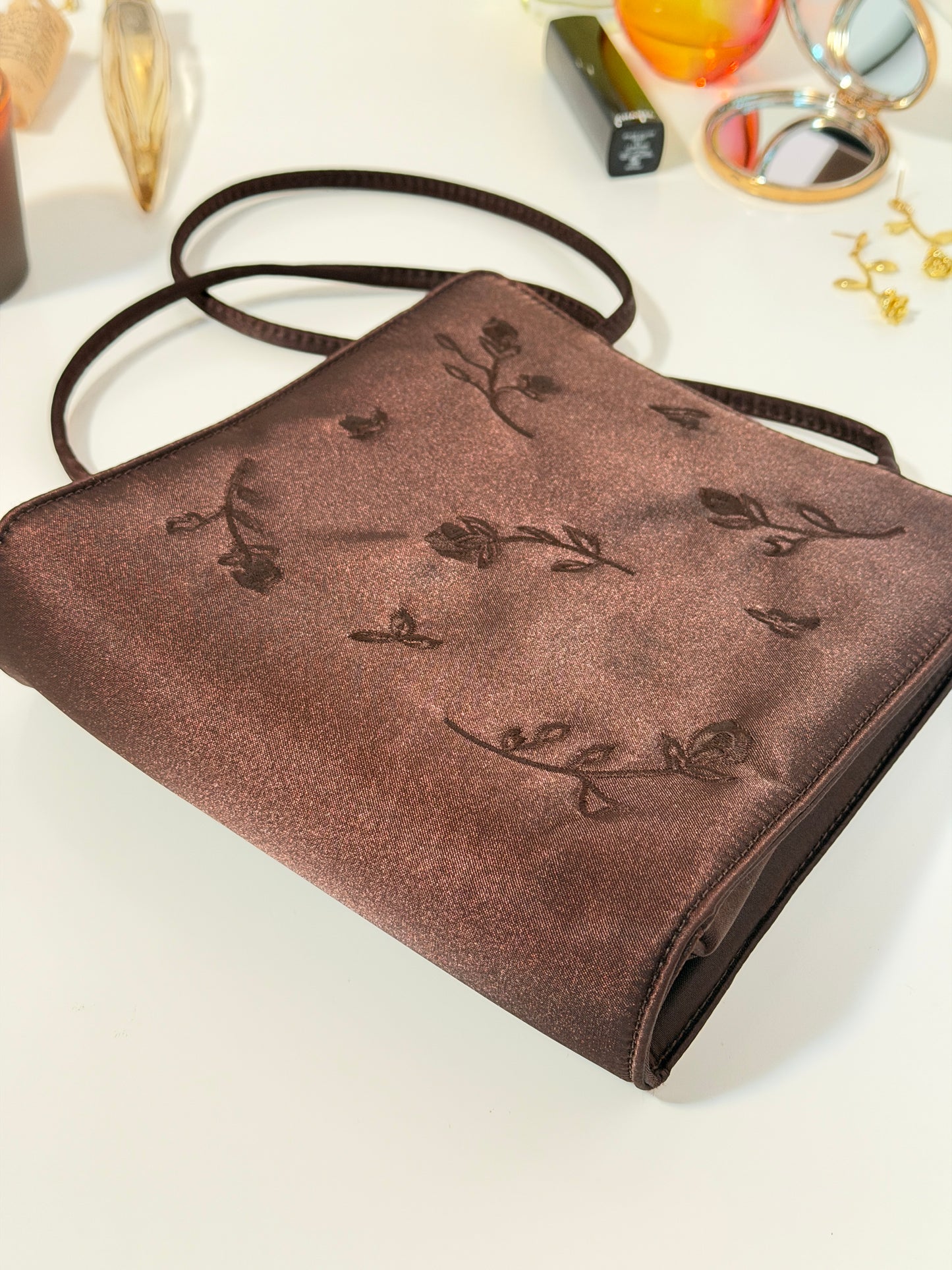 The Juliet - chocolate brown satin embroidered purse - vintage Gap