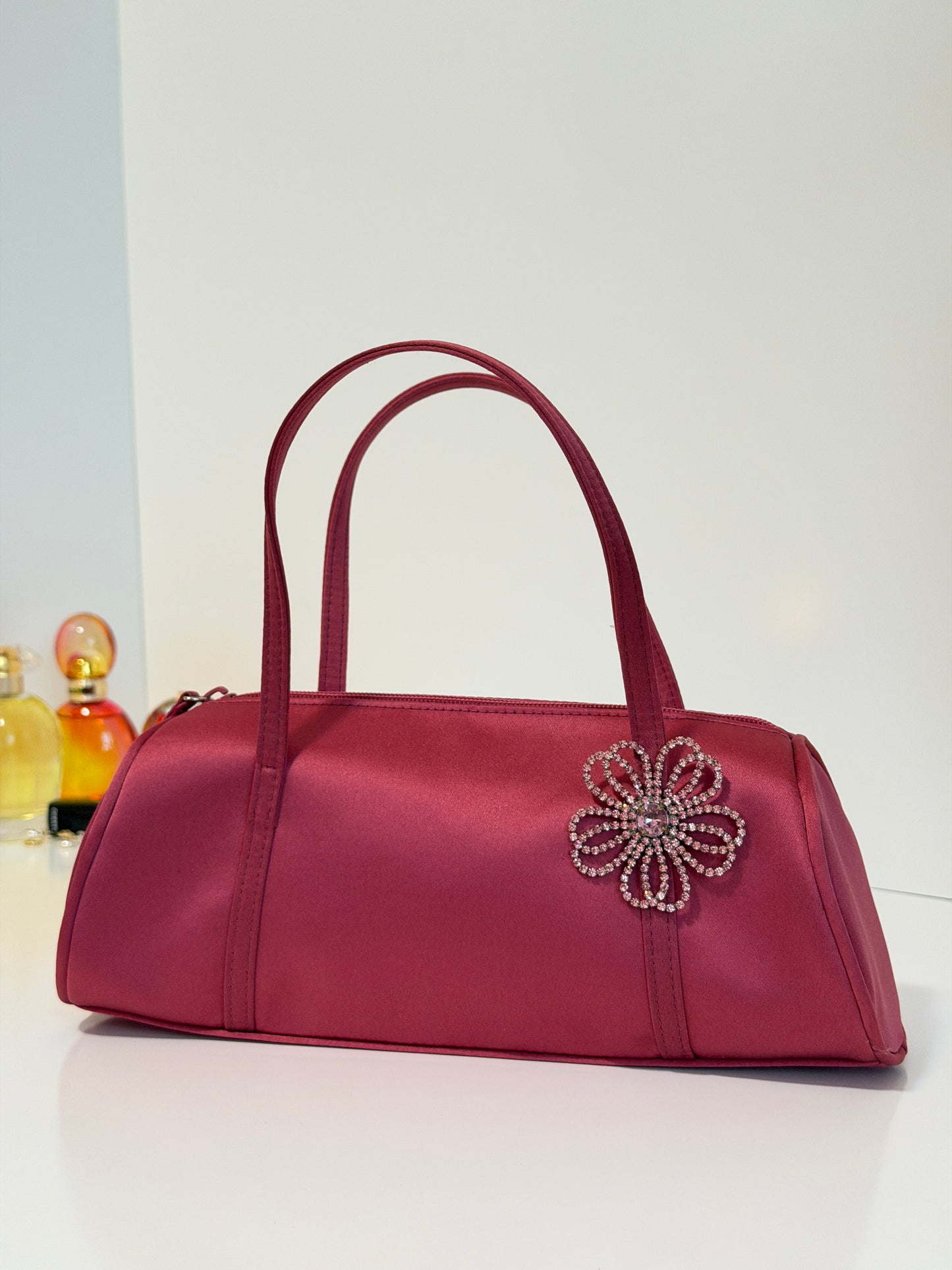 The Christine - fuchsia pink satin baguette style purse - vintage Nine West