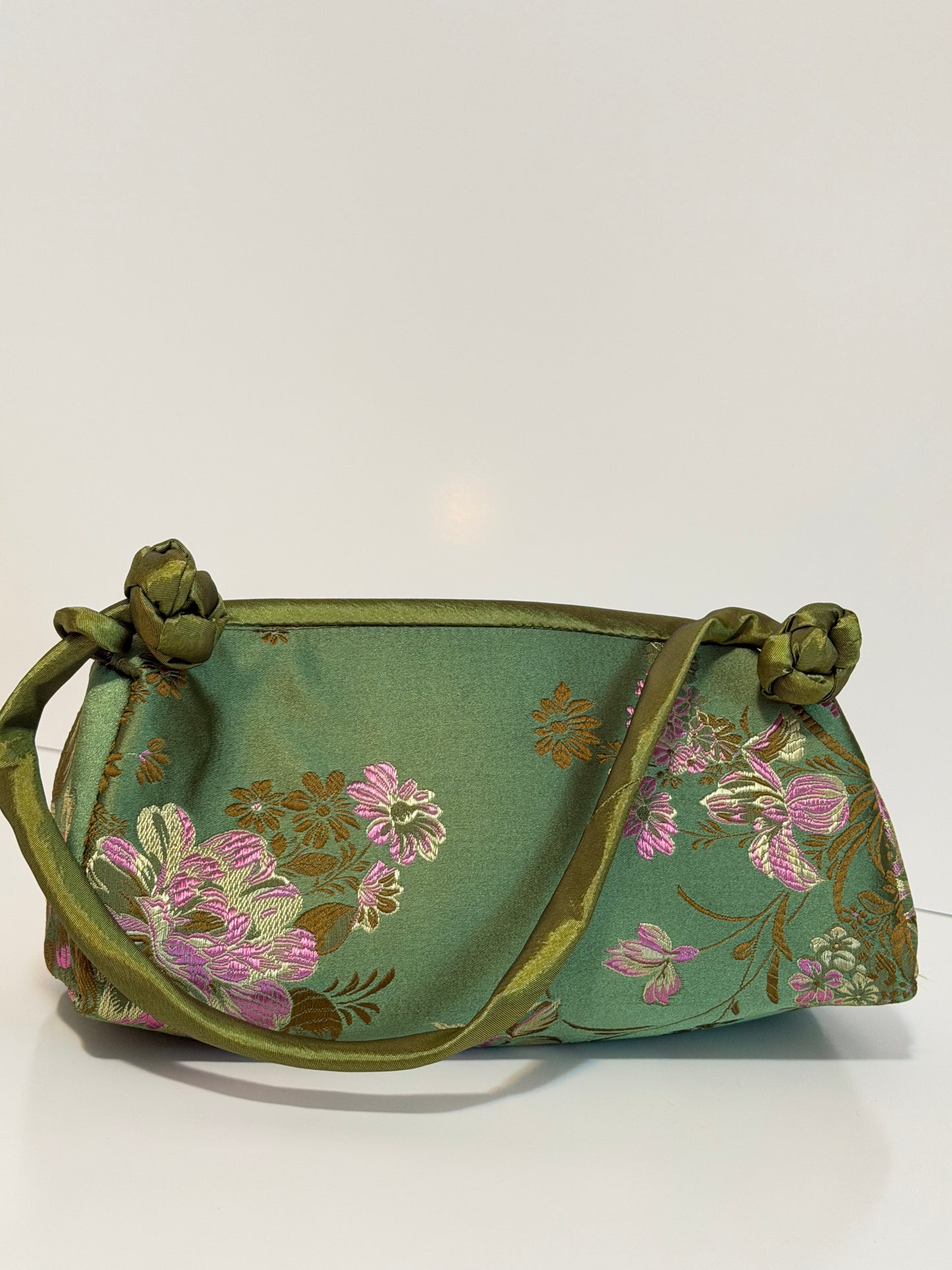 The Taylor - pink + green satin brocade baguette style purse