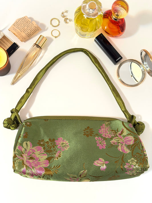 The Taylor - pink + green satin brocade baguette style purse