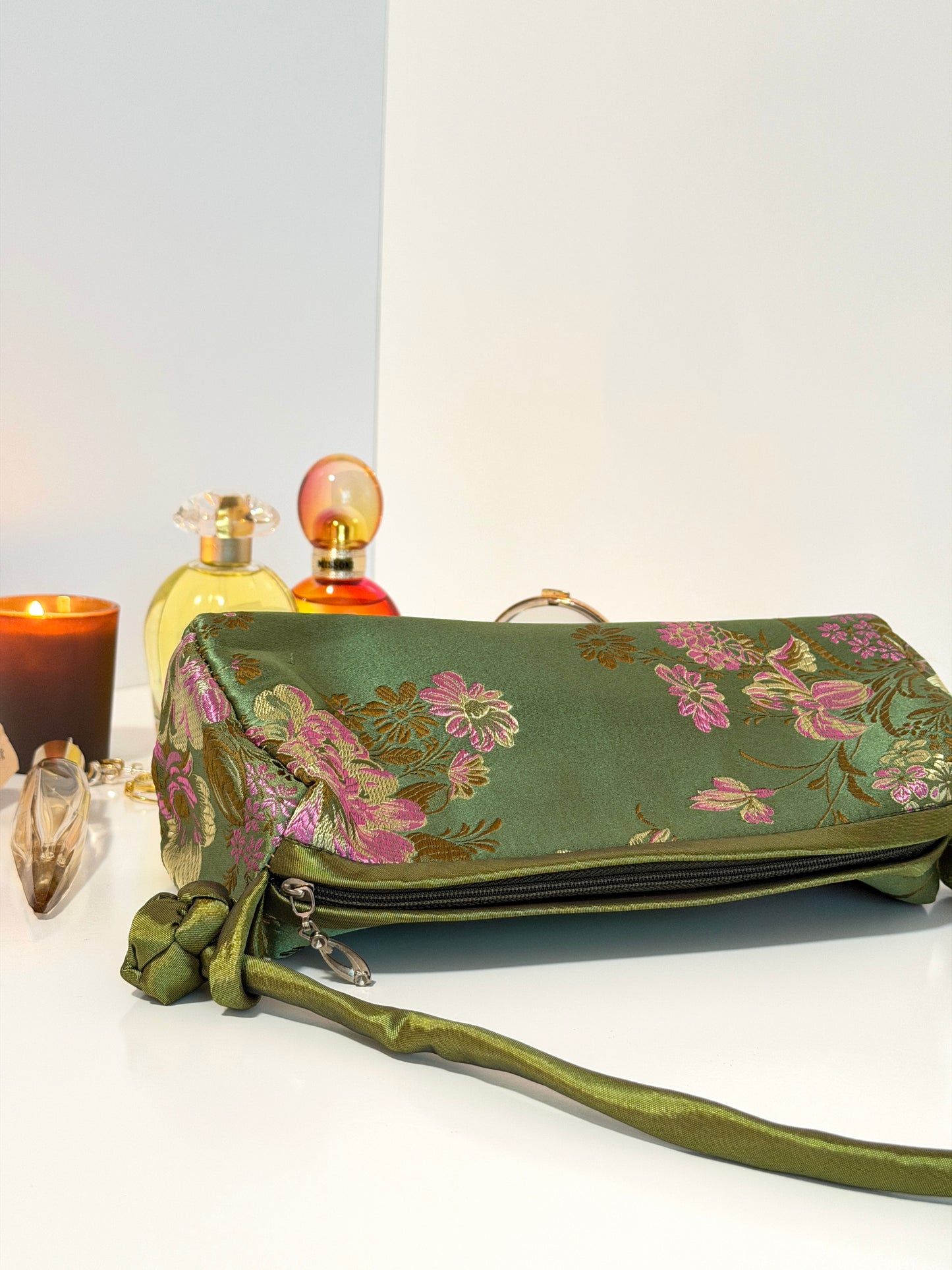 The Taylor - pink + green satin brocade baguette style purse