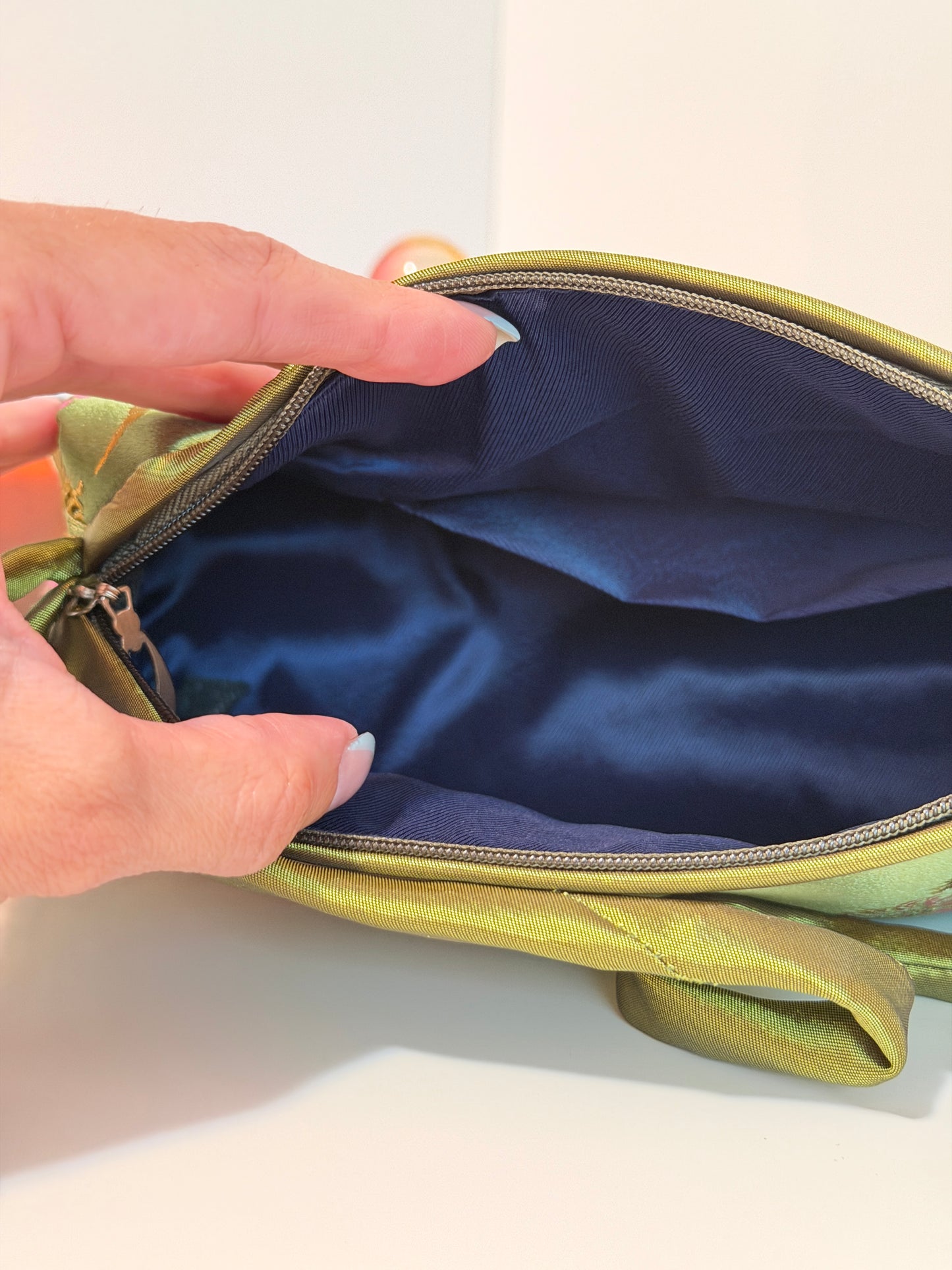 The Taylor - pink + green satin brocade baguette style purse
