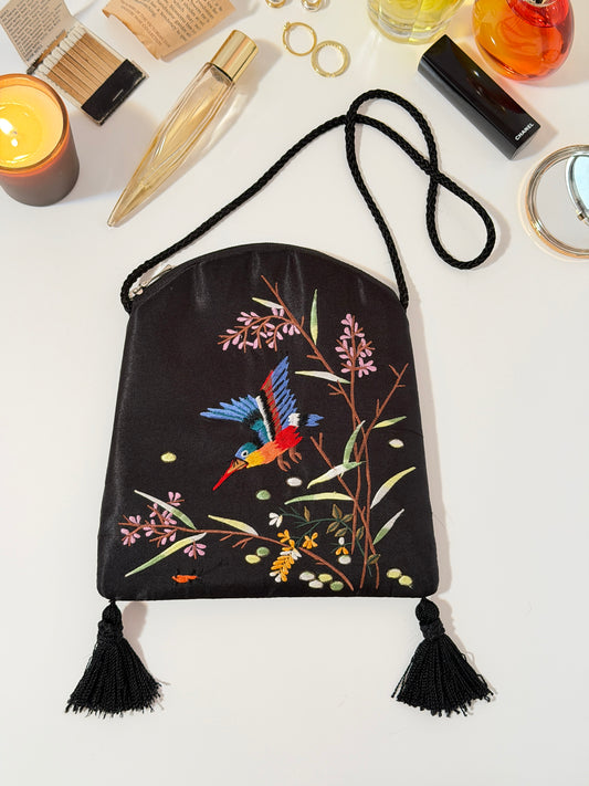 The Rhiannon - black satin “kingfisher” embroidered bag - vintage Sue Wong