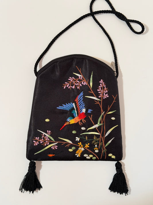The Rhiannon - black satin “kingfisher” embroidered bag - vintage Sue Wong